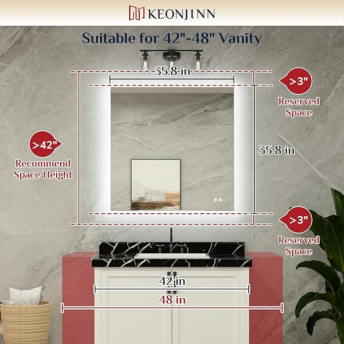 Keonjinn LED Bathroom Mirror with Lights 36 x 36 Inch, Backlit Vanity Mirrors for Wall, Stepless Dimmable, Anti Fog, Waterproof, CR90+ Tempered Glass, Memory Founction, High Lumen