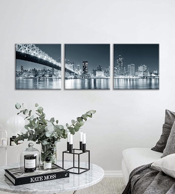 New York City Skyline Panoramic Canvas Art Black and White Brooklyn Bridge Night Scene 3 Panel Modern Urban Landscape Wall Decor Skyscrapers Reflection Print Living Room Office Bedroom Home Decoration