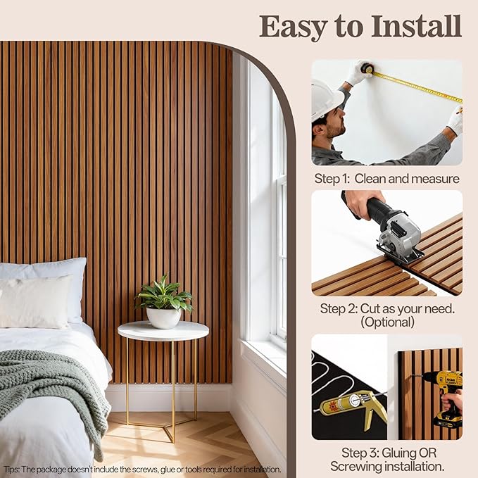 4 Pack Wood Panels for Wall, 94.4" x 12.6" Acoustic Wood Slat Wall Panel for Interior Decor & Noise Reduction, Soundproof Panel, Sound Absorbing 3D Textured Panels - Teak