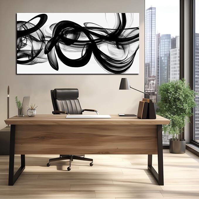 Abstract Canvas Wall Art for Living Large Size,Black and White Pictures for Wall.Black Home Office Wall Decor Ready to Hang 29 x 58 Inch
