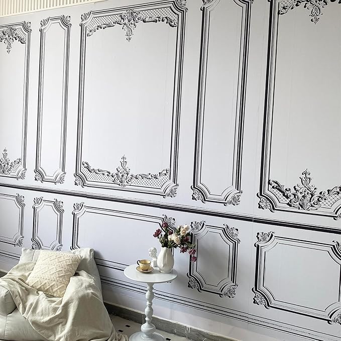 Large 3D Peel and Stick French Wallpaper Mural 148" W x 98" H Classic Black and White Interior Wall with Mouldings Mural Vintage Architectural Wallpaper for Bedroom TV Background Living Room