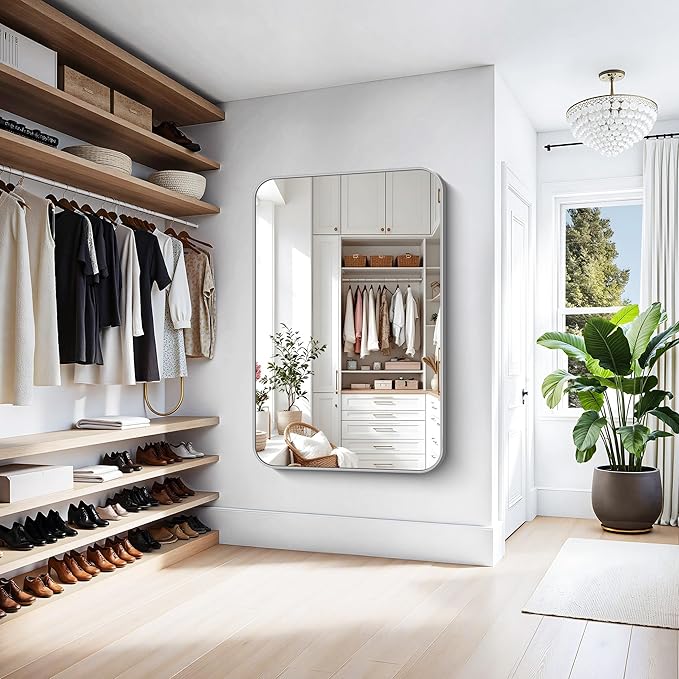 KOCUUY Silver Bathroom Mirror, 60x40 Inch Large Bathroom Mirror for Over Sink, HD Tempered Glass, Anti-Rust Brushed Silver Frame, Rounded Corner Modern Design for Bathroom, Hang Horizontal/Vertical