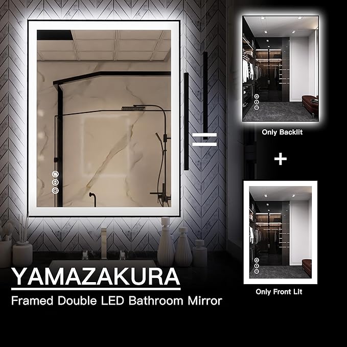 LED Bathroom Mirror 36x28 with Backlit and Front Lighted, Framed Dimmable Illuminated Mirror for Wall Anti-Fog Shatterproof (Horizontal/Vertical)…