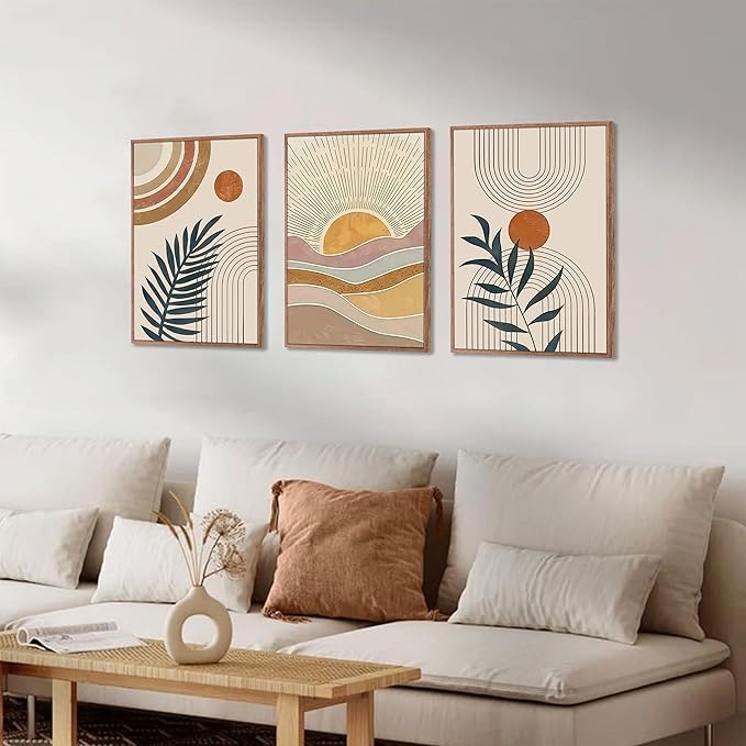 3Pcs Framed Boho Abstract Wall Art Orange Rainbow Sun Desert Minimalist Picture Mid-Century Modern Poster Prints Neutral Botanical Geometric Canvas Painting Wall Decor for Living Room 16L" x 12W"
