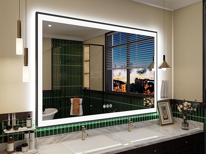 LED Bathroom Mirror 55x40 with Backlit and Front Lighted, Framed Dimmable Illuminated Mirror for Wall Anti-Fog Shatterproof (Horizontal/Vertical)