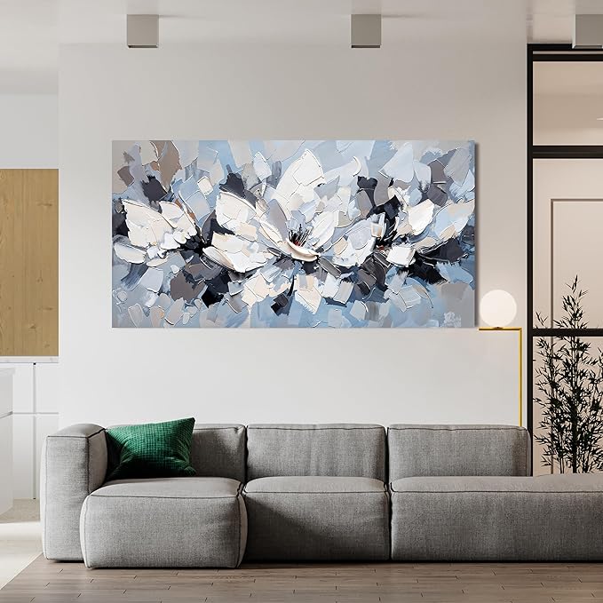 Canvas Wall Art Decor Modern White Wall Art for Living Room Abstract Canvas Art Wall Decor Flower Pictures Abstract Blue Wall Art Prints Artwork for Walls Bedroom Office Home Decor 20" X 40"