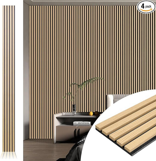 Art3d 4pcs-107 x 8in Slat Acoustic Panel for Wall and Ceiling, 3D Fluted Sound Absorbing Panel with Wood Finish, Oak