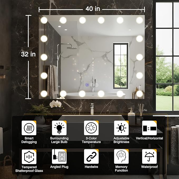 40x32 Hollywood Bathroom Mirror with LED Bulbs, 3 Colors Modes, Dimmable CRI90+ Lights Mirror, Fog Free Mirror, Shatter-Proof, Corrosion Resistant, Memory Function, Touch Control, Wall Mounted