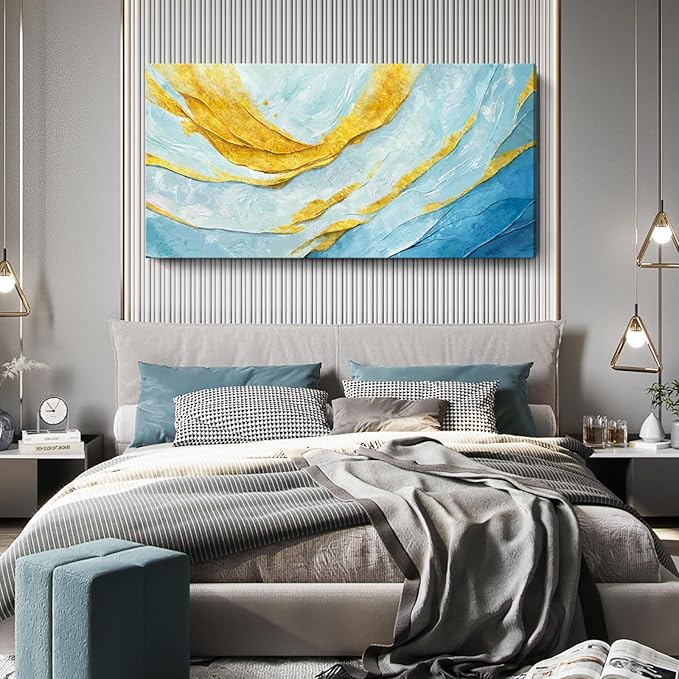 Nicetop Extra Large Abstract Canvas Wall Art for Living Room – Oversized Blue and Yellow Art Print Modern Horizontal Contemporary Artwork Coastal Wall Picture Bedroom Home Office Decor 58x29 Inch