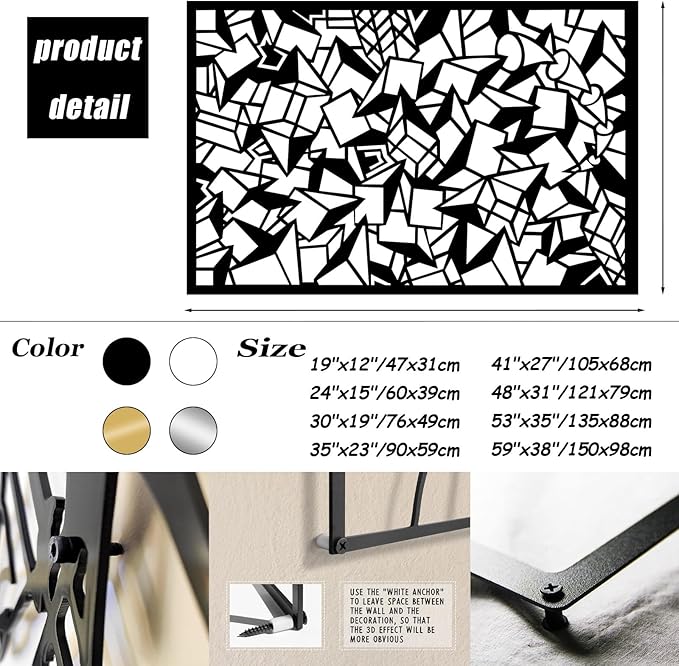 Abstract Geometric Metal Wall Art, Modern Geometric Metal Wall Art, Large Minimalist Geometric Wall Decor, Square Circular Triangle Wall Sculpture for Living Room, Office (White, 30"x19"/76x49cm)