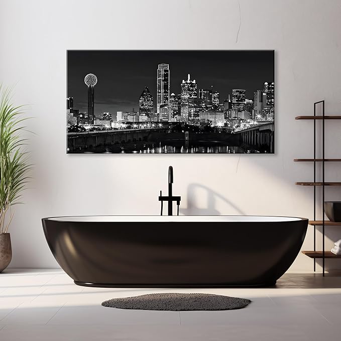 NAN Wind 1 Pcs Dallas Skyline Canvas Wall Art Black White Cityscape Night Scene Modern City Giclee Prints on Canvas Framed Urban Home Decor Skyscrapers Picture Painting for Room Decor
