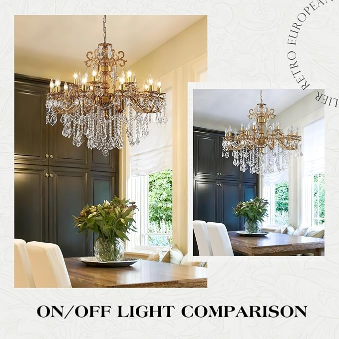 Antique Bronze Crystal Chandeliers, Luxury Gold Candle Pendant Ceiling Light Fixture, 15 Lights Golden Crystal Chandelier for Dining Room, Living Room, Bedroom, Kitchen Island, Hallway