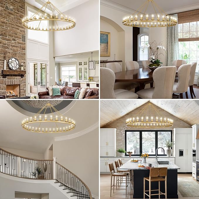 60in Gold Wagon Wheel Chandelier, 36-Light Farmhouse Large Chandelier Round Modern Rustic Industrial Adjustable Height for High Ceiling Living Room, Entryways, Foyer, Staircases, Dining Room