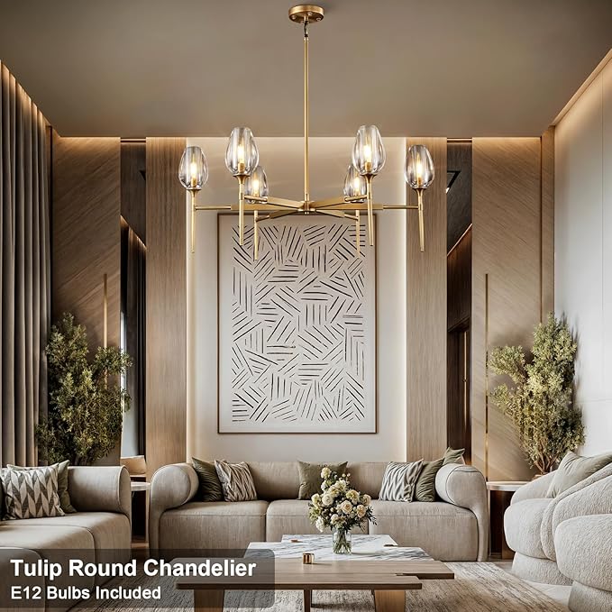 Modern Gold Round Chandelier Light Fixture, K9 Crystal Chandeliers for Dining Room, Living Room, 42in Dining Room Chandeliers Over Table, Chandelier for Bedroom, Foyer, Includes 6XG4 Bulbs