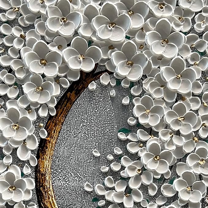 100% Hand-Painted 3D White Vertical Abstract Flower Tree Painting, Canvas Texture Mural, Living Room, Bedroom, Dining Room Mural 24x48 inchs