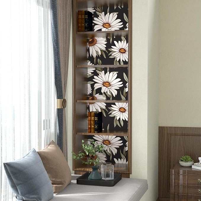 Boho Wallpaper Peel and Stick Dark Floral Contact Paper 17.5in x 118in Vinyl Waterproof Self-Adhesive Vintage Botanical Large Daisy Wall Paper for Bedroom Walls Countertop Decor