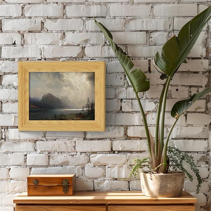 Brivoria Framed Canvas Wall Art Vintage Decor, Romantic Mountain Lake Scene with Stormy Sky Canoes Sunlight Rays and Birds for Bedroom Entryway Shelf Display or Tabletop Decoration, 8"x10"