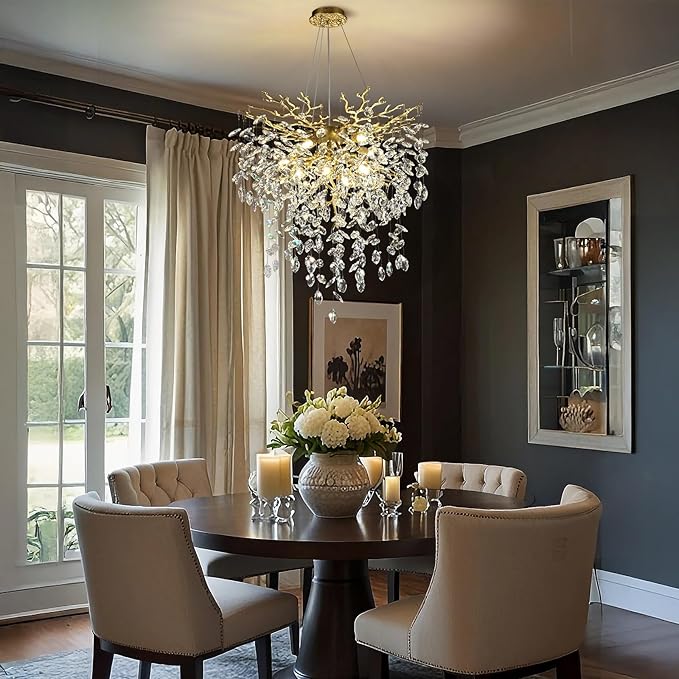 24 inch Crystal Chandelier for Dining Room, Round Gold Tree Branches Chandeliers, Top K9 Crystal Chandelier, Modern Chandeliers for Kitchen,Foyer Entryway,Luxury Adjustable Hanging Chandeliers