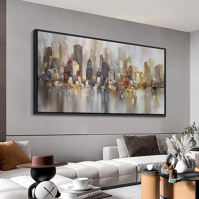 New York City Wall Art - Framed Modern Abstract Wall Art for Living Room, Office & Bedroom Cityscape & Paintings for Bedroom brooklyn bridge Pictures Wall Decor Chicago Artwork for Walls 29×58IN
