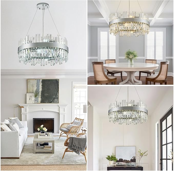 24'' Modern Chrome Crystal Chandeliers for Dining Room,2 Tiers 12 Lights Raindrop Round Chandelier Adjustable Height,Luxury Dimmable Pendant Ceiling Light for Living Room Kitchen Island Foyer