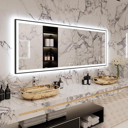 Super Large LED Bathroom Mirror 84x32 with Backlit and Front Lighted, Framed Dimmable Illuminated Mirror for Wall Anti-Fog Shatterproof (Horizontal/Vertical)