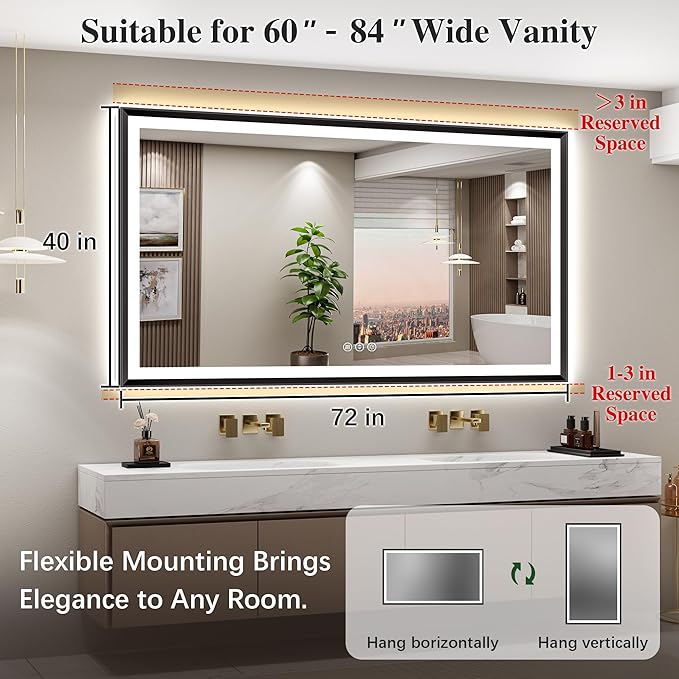72x40 Black Framed Led Bathroom Mirror with Lights, Front Lit and Backlit, Lighted Vanity Mirror for Bathroom Wall, Anti-Fog, Dimmable, 3 Colors, Memory, HD Tempered Glass