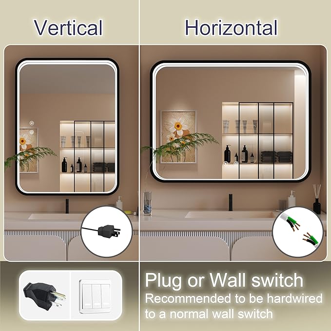 48x36 Inch Black LED Bathroom Mirror with Lights, 3000K/4500K/6000K, Wall Mounted Lighted Vanity Mirrors for Bathroom, Stepless Dimmable, Memory Funtion, Anti-Fog, Horizontal/Vertical