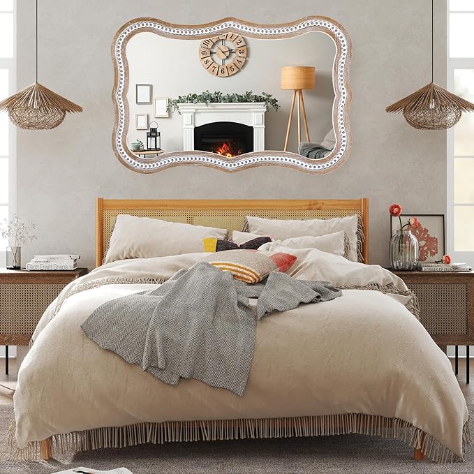 35" x 24" Rustic Farmhouse Mirror for Wall Decor, Wooden Beads Decorative Mirrors for Living Room, Bedroom, Hallway, Bathroom, Entryway - Vertical or Horizontal Hanging