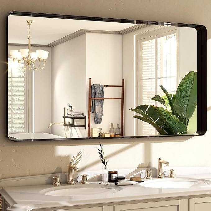 48"x30" Black Bathroom Mirror - Modern Black Mirror for Wall with Rounded Corners, Bathroom Mirrors for Vanity, Aluminum Alloy Framed Mirror Portrait or Landscape Hang