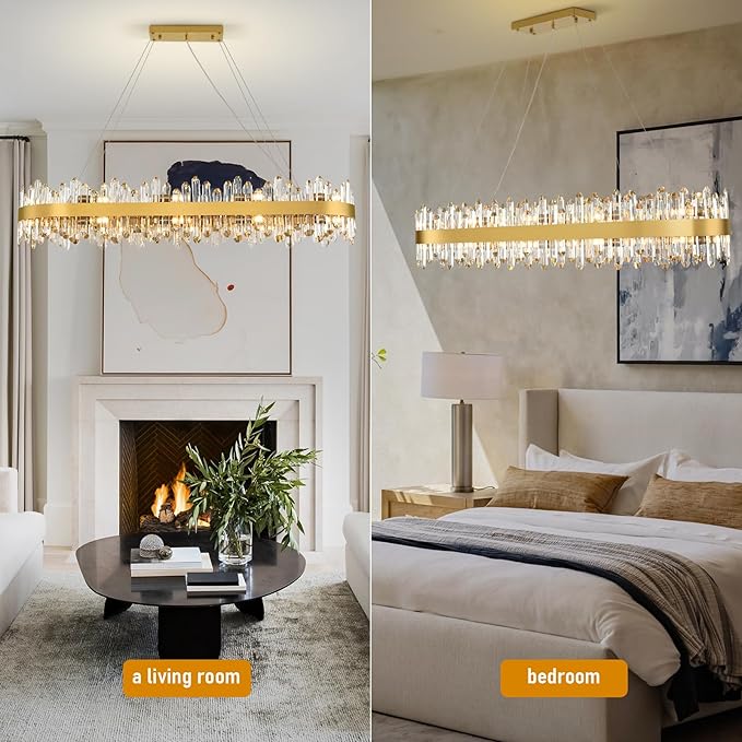 Modern Chandelier, 20-Lights 2 Tiers Gold Rectangular Chandeliers for Dining Room, 52'' Luxury K9 Raindrop Crystal Chandeliers, Adjustable Kitchen Island Chandelier for Living Room, Foyer Entryway