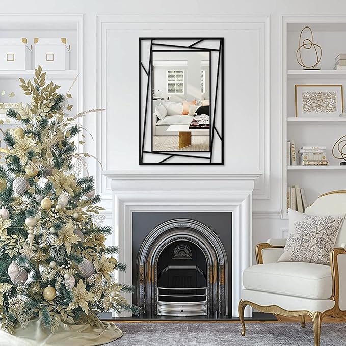 Black Bathroom Mirror, 36''X24'' Rectangle Decorative Wall Mirrors with Geometric Metal Frame for Bathroom, Living Room, Bedroom, Entrance, Expands Space, Horizontal/Vertical