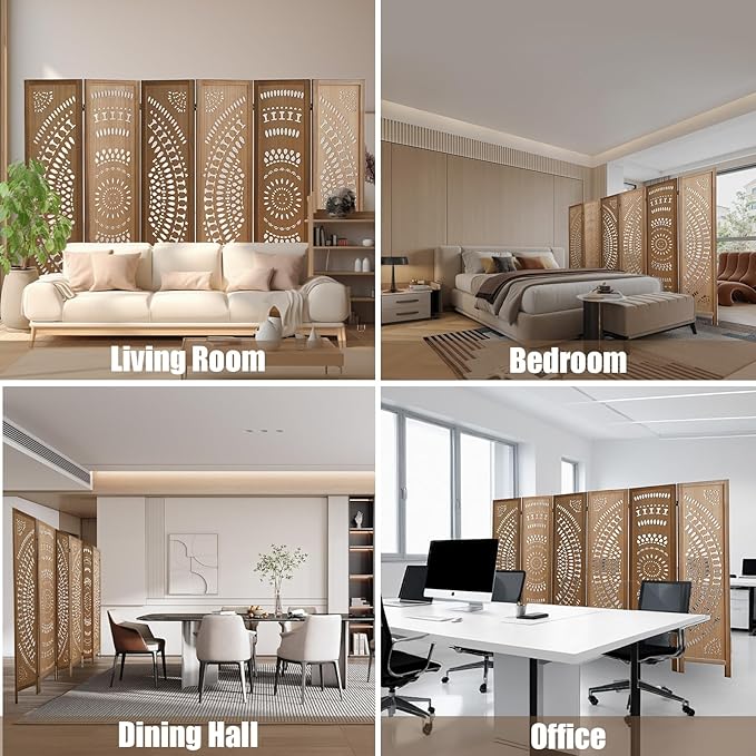 6 Panel Wood Room Divider Fully Assembled, Decorative Room Dividers and Folding Screens, 5.6Ft Room Divider Screen Freestanding Partition Wall Dividers for Home Bedroom Office, Brown