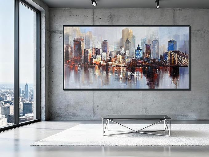Arjun Brooklyn Bridge Wall Art Modern New York Abstract Canvas Cityscape Painting NYC Skyline Textured Picture for Living Room Bedroom Home Office Wall Decor Extra Large Size Black Wood Framed 58"x29"