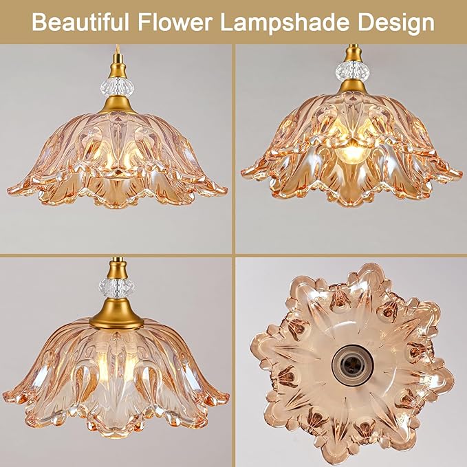 1 Piece Vintage Chandelier Light Fixtures with Amber Glass Shade,Matte Brass Finish Pendant Light for Kitchen,Hanging Light Fixture for Dining Room, Hallway, Living Room, Bedroom