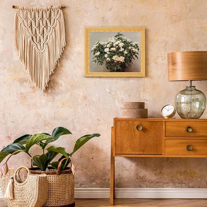 Brivoria Framed Canvas Wall Art Vintage Decor, Botanical Rose Plant Artwork with Blooming White and Pink Flowers and Soft Tones for Entryway Dining Room or Traditional Wall Decoration, 13"x16"