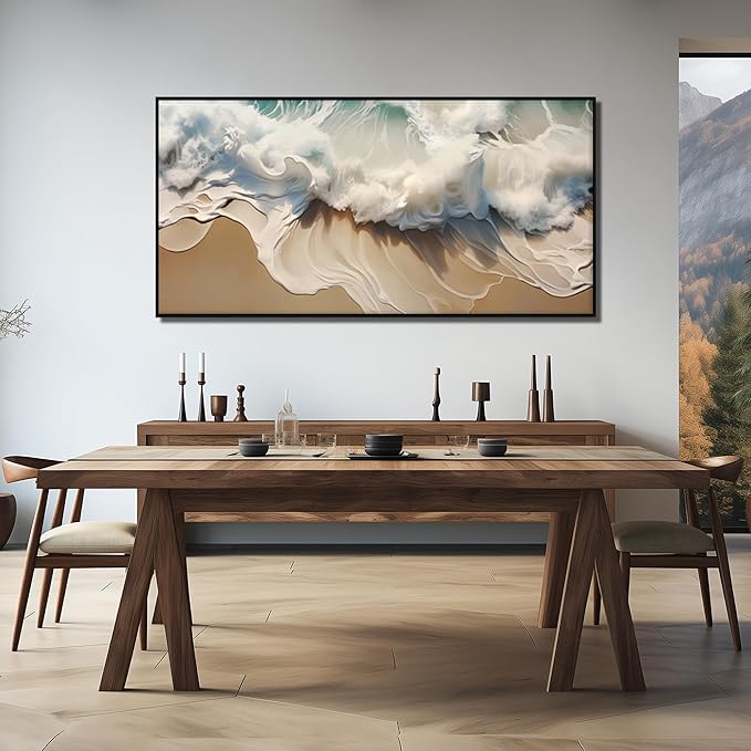 Ocean Waves Canvas Wall Art with Black Frame, Beach Scenery View Home Decor Picture, Sea Waves Canvas Wall-Decoration for Living Room, Seaside Scene Large Decorative Print Artwork for Bedroom 59"x29"