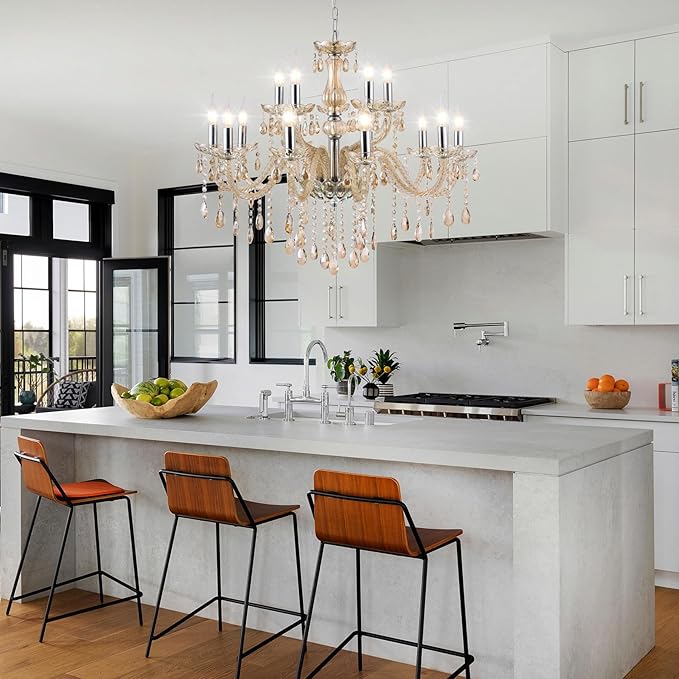 MALOSA Luxury Cognac Large Crystal Chandeliers for Dining Room,Living Room,Bedroom 30.7" 15 Lights