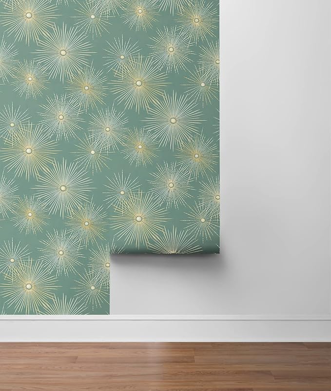 NextWall Star Burst Geo Mid Century Peel and Stick Wallpaper (Teal & Metallic Gold)