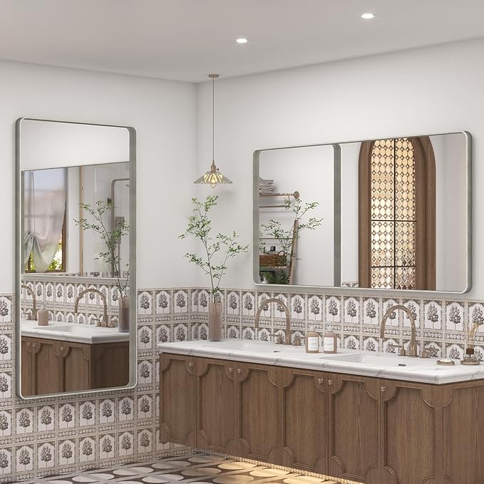 60x36 Silver Bathroom Mirrors for Vanity, Brushed Metal Silver Framed Bathroom Mirror for Wall, Modern Rectangle Mirror, Rounded Corners, Shatterproof (Horizontal/Vertical)