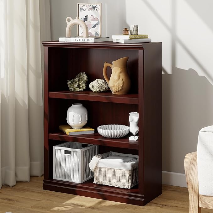 43 in Tall Bookcase, 3-Tier Bookshelf Open Storage, 33 inch Wide Floor Standing Indoor Furniture, Book Cases for Home School Library Office Bedroom Kids, Mahogany 3 Tiers