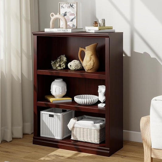 43 in Tall Bookcase, 3-Tier Bookshelf Open Storage, 33 inch Wide Floor Standing Indoor Furniture, Book Cases for Home School Library Office Bedroom Kids, Mahogany 3 Tiers