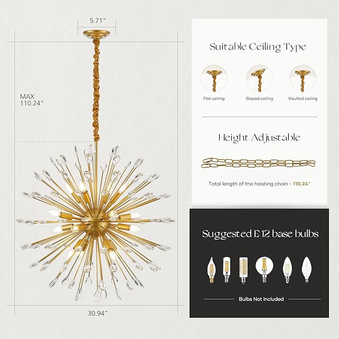16-Light Gold Sputnik Chandeliers, 31" Starburst Firework Pendant Light fixtures, Mid-Century Modern Satellite Ceiling Lights for Dining Room, Kitchen, Bedroom, Living Room, E12
