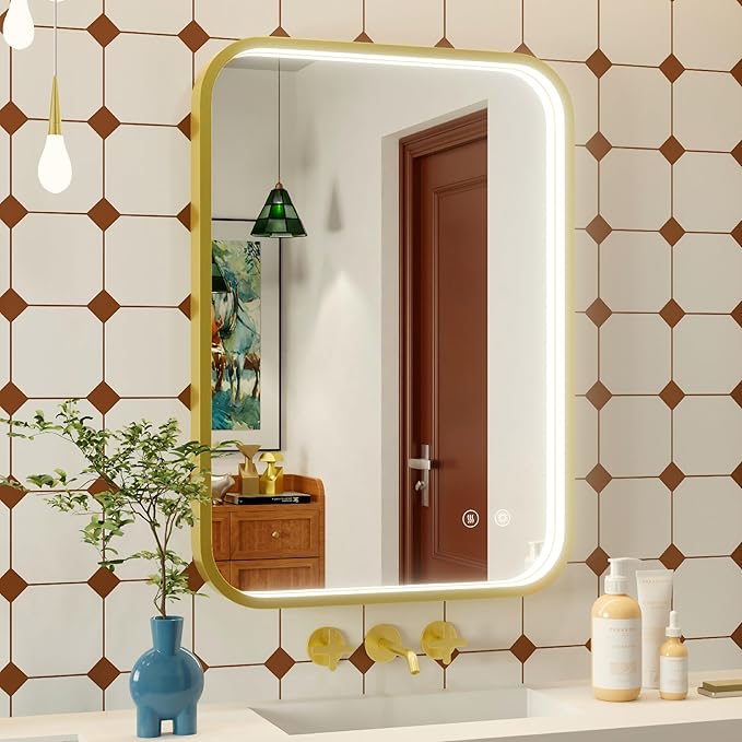 20x28 Inch Gold LED Bathroom Mirror with Lights, 3000K/4500K/6000K, Wall Mounted Framed Lighted Bathroom Vanity Mirrors, Anti-Fog, Stepless Dimmable, Memory Funtion, Horizontal/Vertical