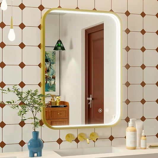 20x28 Inch Gold LED Bathroom Mirror with Lights, 3000K/4500K/6000K, Wall Mounted Framed Lighted Bathroom Vanity Mirrors, Anti-Fog, Stepless Dimmable, Memory Funtion, Horizontal/Vertical