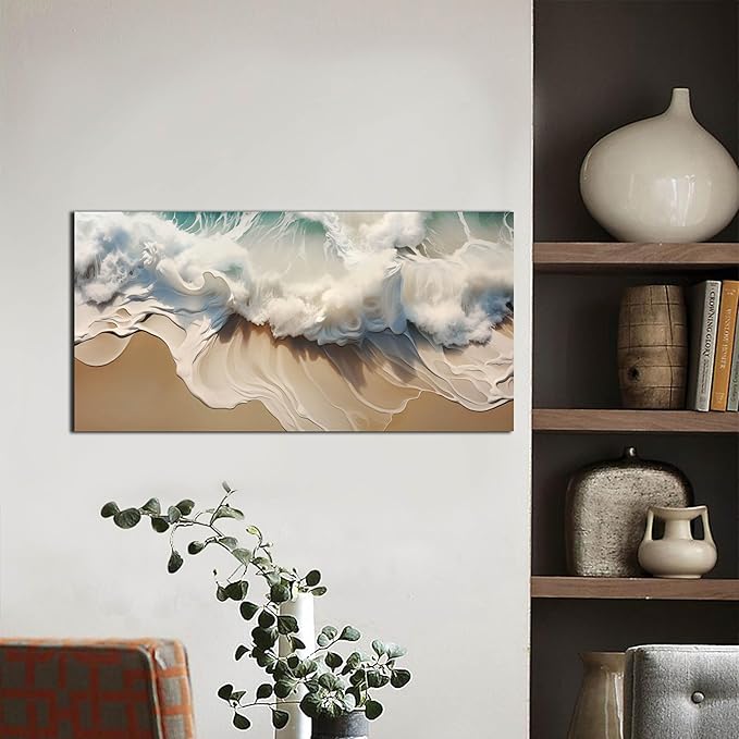 Ocean Waves Canvas Wall Art for Living Room, Beach Scenery View Home Decor Picture, Sea Waves Canvas Wall-Decoration, Seaside Scene Decorative Print Artwork for Office Bedroom, Size 40x20 Inches