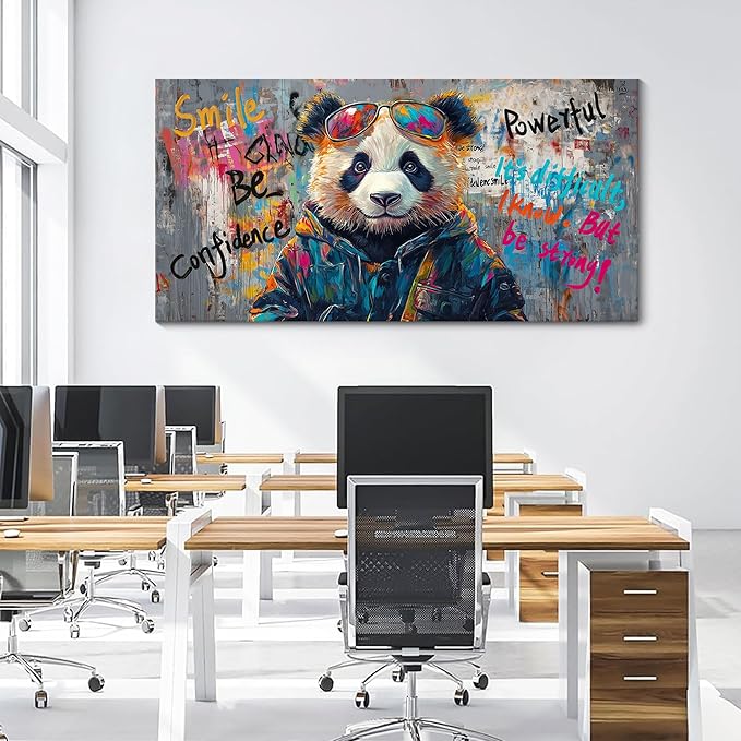 JEAWA Large Canvas Wall Art, Funny Panda Abstract Graffiti Street Art Pop Wall Picture Black and White Paintings Ready to Hang Living Room Bedroom Study Home Office Inspirational Decor 29x58 IN