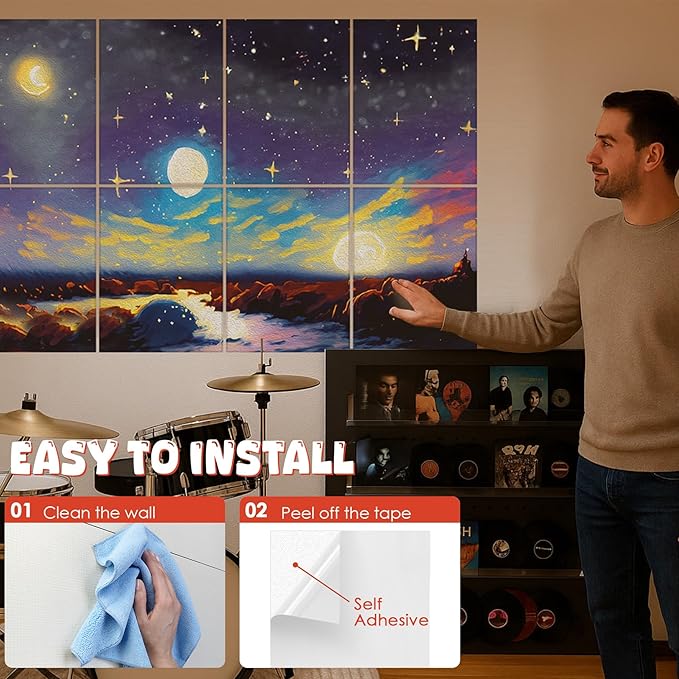 8 pack Art Acoustic Panels with Self-Adhesive,48 x 32Inches Acoustic Wall Art,Better Decorative Sound Proof Panels,Recording Studio/Home/Office Acoustical Treatment,Starry Sky