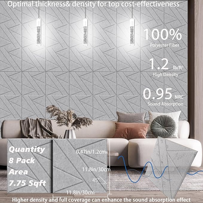 8 Pack Self-Adhesive Soundproof Wall Panels, 12 x 12 x 0.47 in Sound Proof Foam Panels for Walls, 1.2lb/ft³ High Density, Thicker 0.47in, Acoustic Panels, Noise Dampening Panels Studio Gray