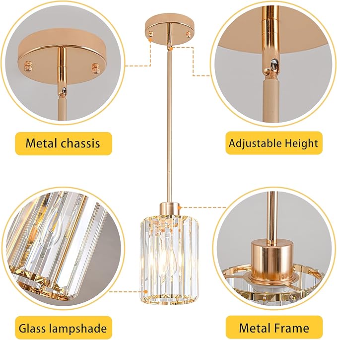 Modern Mini Crystal Pendant Lights Chandeliers Adjustable Sloped LED Hanging Ceiling Fixture Glass small Crystals for Kitchen Island Bathroom Dining Room Living Room, Hallway, Bar 1PC (Gold)