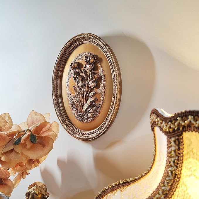 Kangce Vintage Wall Sculptures,Antique Wall Art with Hand-Carved Iris Pattern, Victorian Home Decor,for Living Room, Bedroom,Hallway Gallery,Oval,Bronze